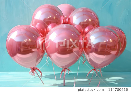 Cluster of glossy pink metallic balloons tied with ribbons on a teal background Cluster of glossy pink metallic balloons tied with ribbons on a teal background 114780416