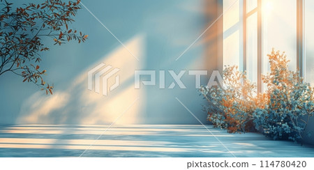 Light filters through a modern room with plants by the window, creating a peaceful ambience 114780420