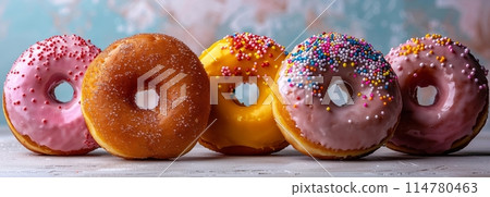 Colorful assortment of sprinkled donuts, perfect for a sweet treat 114780463