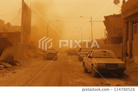 A dense dust storm descends upon a desert town, reducing visibility and coating the urban landscape in a gritty layer. A dense dust storm descends upon a desert town, reducing visibility and coating the urban landscape in a gritty layer. 114780528