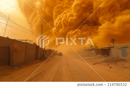 Intense sandstorm rapidly advancing through a residential area, overwhelming structures with a powerful surge of sand. Intense sandstorm rapidly advancing through a residential area, overwhelming structures with a powerful surge of sand. 114780532