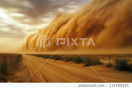 Monstrous sandstorm sweeps across a desert path, engulfing the environment in a thick cloud of sand with dramatic lighting. Monstrous sandstorm sweeps across a desert path, engulfing the environment in a thick cloud of sand with dramatic lighting. 114780535
