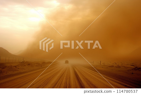 Vehicle traversing a dusty road under the engulfing swirls of a massive sandstorm in a desolate desert landscape.. Vehicle traversing a dusty road under the engulfing swirls of a massive sandstorm in a desolate desert landscape.. 114780537