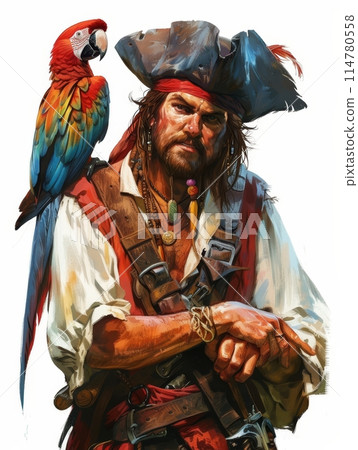 Illustration of a rugged pirate in traditional attire with a green parrot on his shoulder, set against a plain background.. Illustration of a rugged pirate in traditional attire with a green parrot on his shoulder, set against a plain background.. 114780558