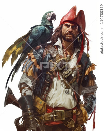Illustration of a rugged pirate in traditional attire with a green parrot on his shoulder, set against a plain background.. Illustration of a rugged pirate in traditional attire with a green parrot on his shoulder, set against a plain background.. 114780559