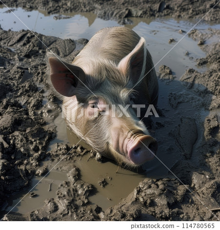 Close-up of a pig lounging in a mud puddle, glistening under the sunlight with a look of contentment on its face. Close-up of a pig lounging in a mud puddle, glistening under the sunlight with a look of contentment on its face. 114780565