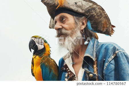 Portrait of a man dressed as a pirate with a colorful macaw perched on his shoulder, both gazing into the distance. 114780567