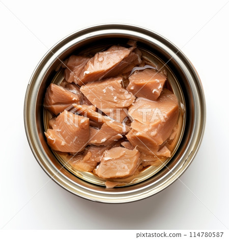 Overhead view of an open can showing chunks of tuna fish preserved in oil, set against a clean white background.. 114780587