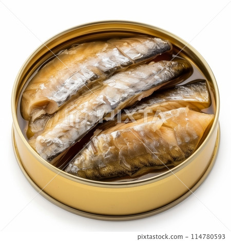 Top view of an opened can filled with mackerel fish preserved in brine, on a white background.. 114780593