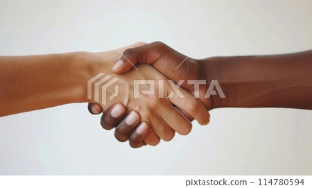 A symbolic handshake between two individuals of different ethnicities on a clean white background.. 114780594