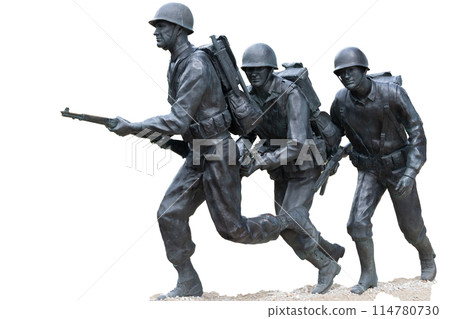 Normandy France D-Day memorial landing craft soldiers sculptures for WWII. Utah Beach Isolated on white. High quality photo 114780730