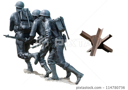 Normandy France D-Day memorial soldiers sculptures for WWII and hedgehog. Utah Beach Isolated on white with clipping path. High quality photo 114780736