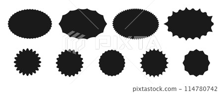 Set of graphic round and oval frames for design. Wavy zigzag outlines round sticker. Vector illustration. 114780742