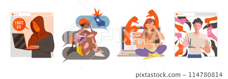 Cyber Bullying with Depressed Young People Character Victim Vector Set 114780814