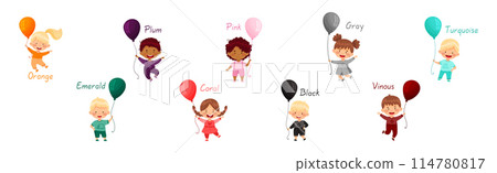 Cheerful Kids Holding Balloons of Different Colors Vector Set Cheerful Kids Holding Balloons of Different Colors Vector Set 114780817