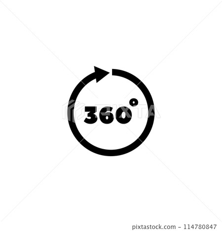 A simple black and white icon depicting a circular shape with the number 360 inside, representing a 360 degree rotation or full circle. A simple black and white icon depicting a circular shape with the number 360 inside, representing a 360 degree rotation or full circle. 114780847