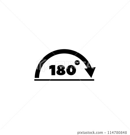 A simple black and white icon depicting a semicircular shape with the number 180 inside, representing a 180 degree angle or rotation. 114780848