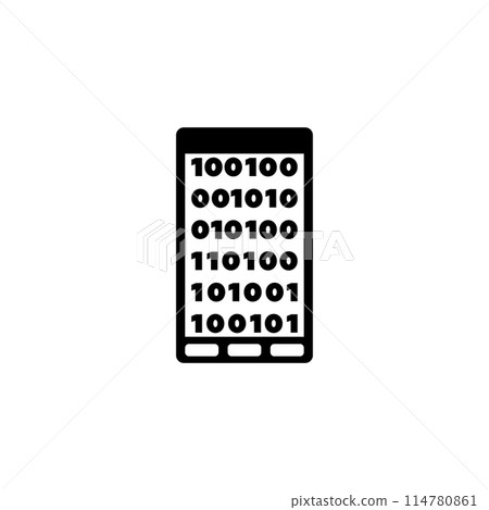 A minimalist graphic design depicting a smartphone screen with a simple binary code pattern, symbolizing the digital age and technological advancements. 114780861