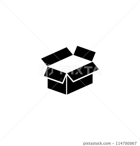 A simple black and white icon depicting an open cardboard box or package, symbolizing delivery, unboxing, or expansion of contents. 114780867