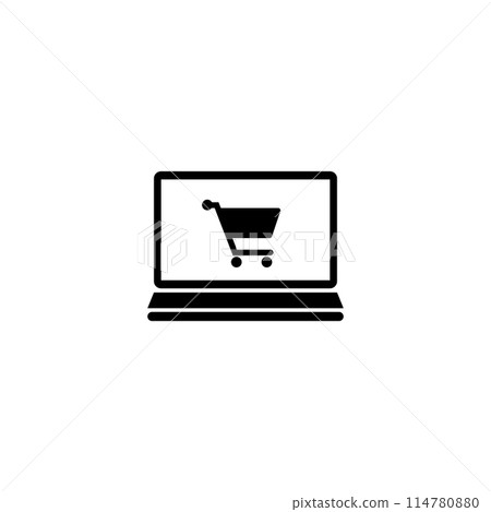 A simple black silhouette of a shopping cart on a computer screen, representing the concept of online shopping, e-commerce, and digital purchasing. A simple black silhouette of a shopping cart on a computer screen, representing the concept of online shopping, e-commerce, and digital purchasing. 114780880