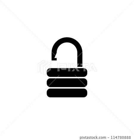 A simple black silhouette of an unlocked padlock, representing the concepts of access, freedom, and security being open or released. 114780888