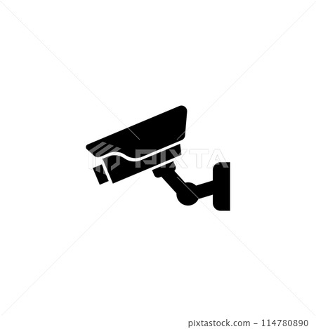 A simple black silhouette of a surveillance camera, representing the concepts of security, monitoring, and vigilance. 114780890