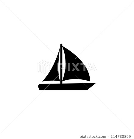 A simple black silhouette of a classic sailboat, representing the concepts of adventure, travel, and the open water. 114780899