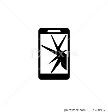 A minimalist black and white icon depicting a stylized smartphone silhouette with a cracked, shattered screen, representing damage, accidents, and the fragility of digital devices. 114780937