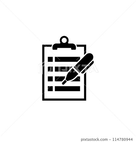 A simple black and white icon depicting a clipboard with a pen, symbolizing documentation, evaluation, and record-keeping tasks. A simple black and white icon depicting a clipboard with a pen, symbolizing documentation, evaluation, and record-keeping tasks. 114780944