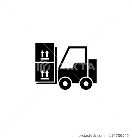 A simple black and white icon depicting a forklift, a common industrial vehicle used for moving and transporting cargo and materials. A simple black and white icon depicting a forklift, a common industrial vehicle used for moving and transporting cargo and materials. 114780945