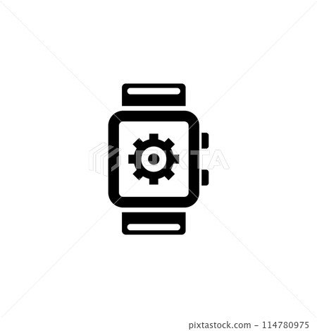 A monochrome icon depicting a smartwatch with a gear symbol, representing device settings, customization, or configuration options for wearable technology. A monochrome icon depicting a smartwatch with a gear symbol, representing device settings, customization, or configuration options for wearable technology. 114780975