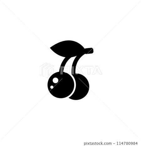 A simple black and white graphic icon depicting a stylized cherry, representing freshness, healthy eating, or fruit-based products. A simple black and white graphic icon depicting a stylized cherry, representing freshness, healthy eating, or fruit-based products. 114780984