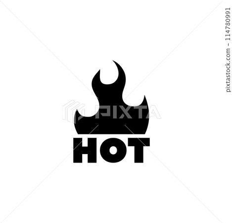 A black flame icon above the word HOT in bold, capital letters on a white background. A black flame icon above the word HOT in bold, capital letters on a white background. 114780991