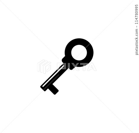 A simple, black silhouette of a key on a plain white background, representing security, access, and the concept of unlocking or opening something A simple, black silhouette of a key on a plain white background, representing security, access, and the concept of unlocking or opening something 114780995