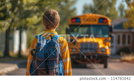 rear view a young schoolboy with a backpack walks to the school bus 114781042