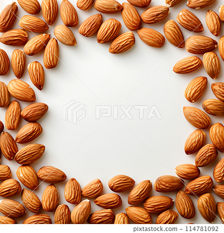 Frame of delicious ripe almond, on a white background, free place for text, for design, advertising and food packaging decoration 114781092