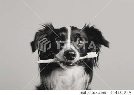 Dog with toothbrush 114781269