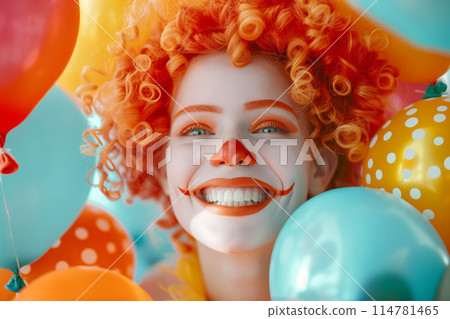 The vibrant clown's presence brings energy and excitement to the colorful party 114781465