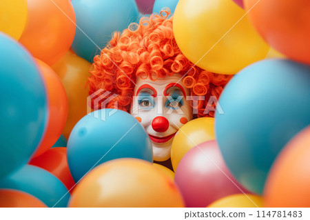 The vibrant clown's presence brings energy and excitement to the colorful party 114781483