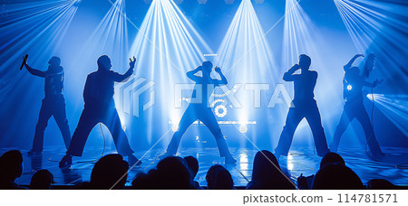 Silhouetted Group Performing Energetic Dance Routine on Stage with Dramatic Lighting 114781571