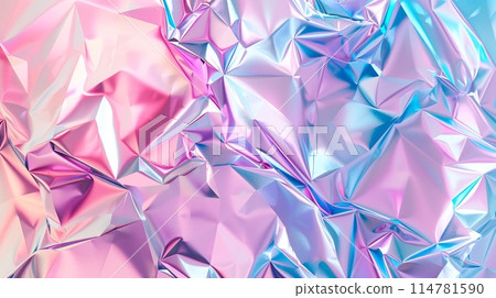 Vibrant Crumpled Holographic Foil Reflects Iridescent Pink and Blue Light 114781590