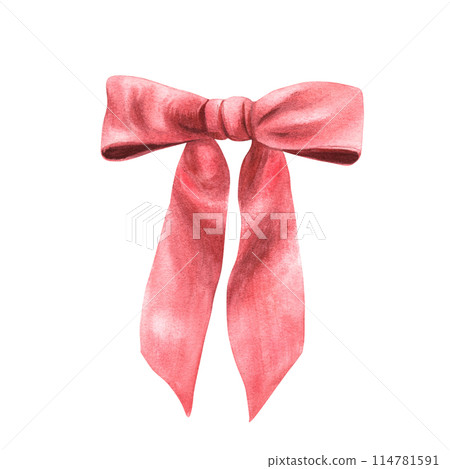 Vintage red bow, textile silk purple ribbon, adornment Christmas tree decorations, hair bow hairstyles, greeting card print. Watercolor hand drawn illustration, clipart Isolated on white background 114781591