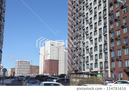 Colorful urban residential buildings with a clear blue sky in a residential area. New buildings 114781610