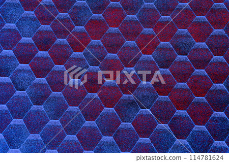Roof with red bituminous tiles close up, changed color scheme. 114781624