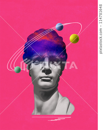 Contemporary art collage with antique statue head in a surreal style. Contemporary art poster. Design Contemporary art collage with antique statue head in a surreal style. Contemporary art poster. Design 114781648