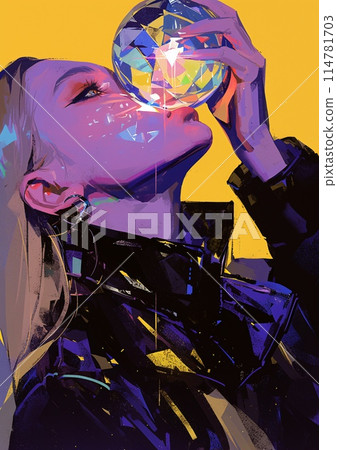 Mysterious Woman with Vibrant Crystal Ball on Yellow Background 114781703