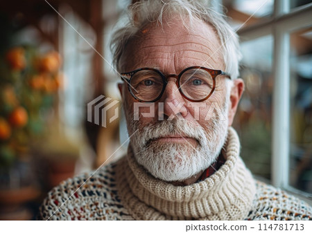 Elderly Man with Glasses in Cozy Sweater Sitting by a Sunny Window 114781713