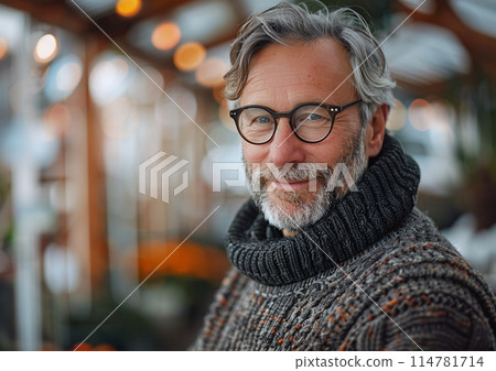 Smiling Older Man in Glasses and Warm Sweater in Cozy Indoor Setting Smiling Older Man in Glasses and Warm Sweater in Cozy Indoor Setting 114781714