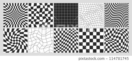 Square psychedelic checkerboards set with checkered seamless pattern with monochrome warped grid tile 114781745