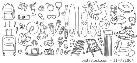Hand drawn set of summer holiday elements, luggage, swimwear and beach accessories. Travel element drawn in doodle style. Illustration for banner, background, badge, logo design. Vector 114781804